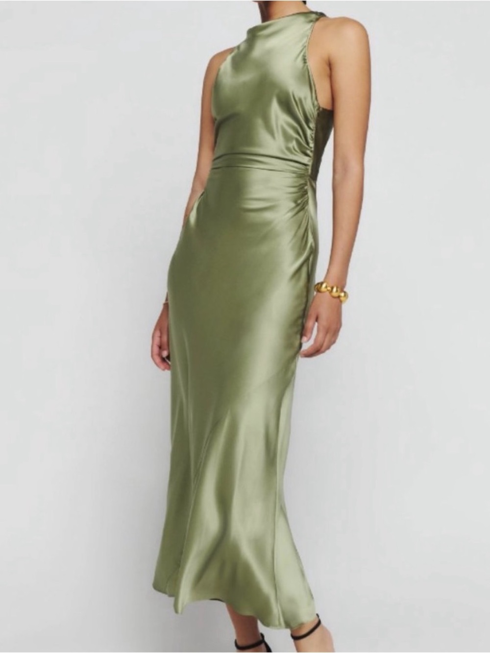 Silk Casette High-Neck Slip Dress in Olive Green